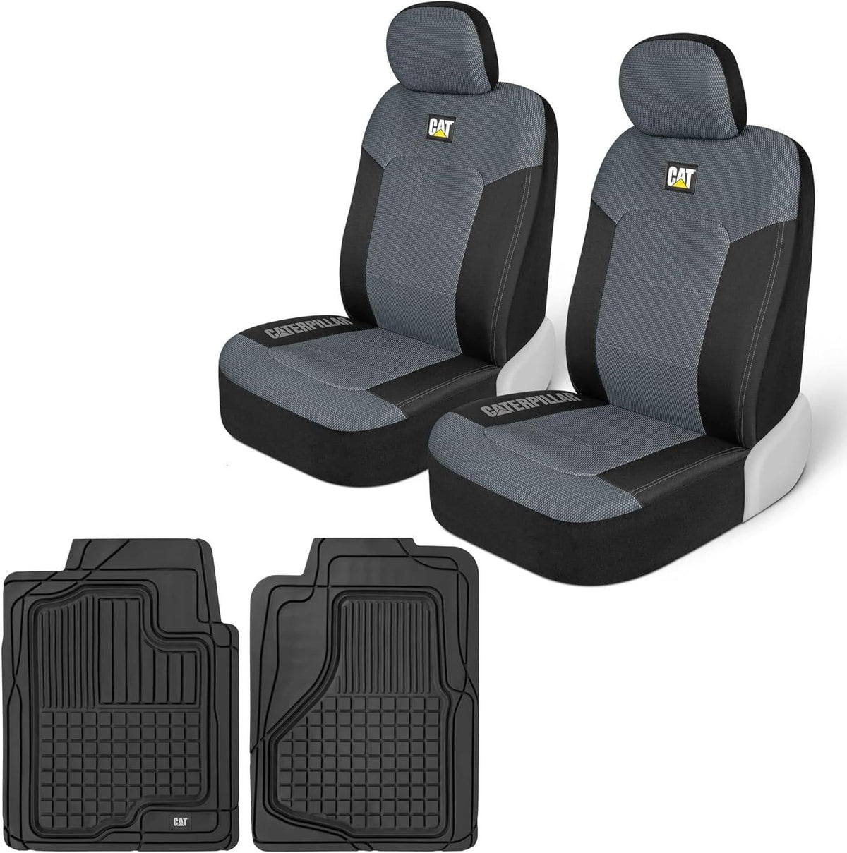 Caterpillar Front Seat Covers & Heavy-Duty Floor Mats Bundle – Black and Grey