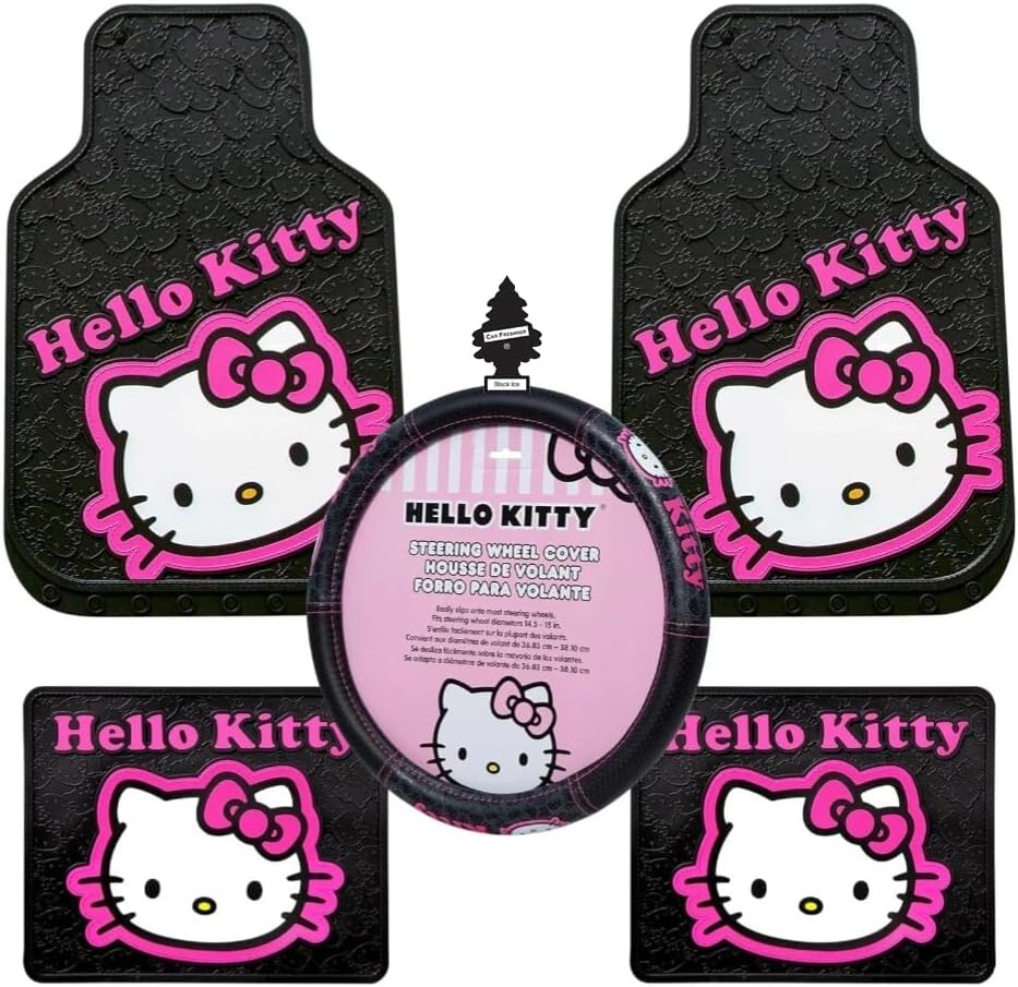 Hello Kitty Core Design Collage Design Sanrio Front & Rear Car Truck SUV Seat Rubber Floor Mats and Steering Wheel Cover Bundle Set -6 PC