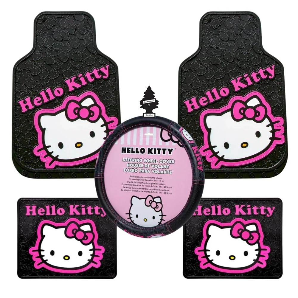 Hello Kitty Core Design Collage Design Sanrio Front & Rear Car Truck SUV Seat Rubber Floor Mats and Steering Wheel Cover Bundle Set -6 PC