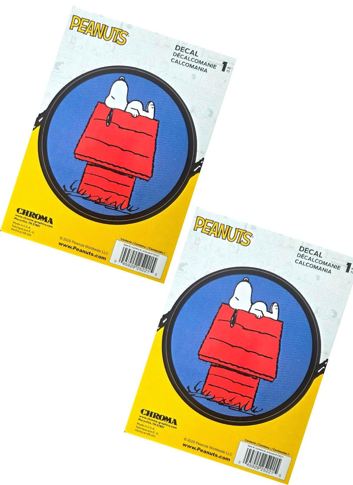 Peanuts Snoopy on Doghouse 5-Inch Car Decal - 2 Pack