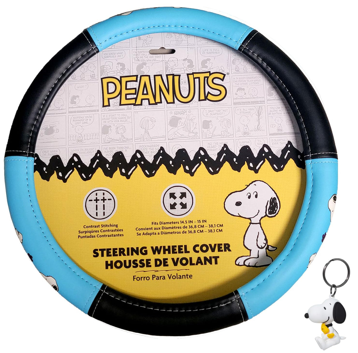 Snoopy Dog House Steering Wheel Cover Bundle with Keychain – Plasticolor Peanuts Snoopy Design, Universal Fit 14.5–15 Inch, Car Truck SUV Interior Accessories - Yupbizauto