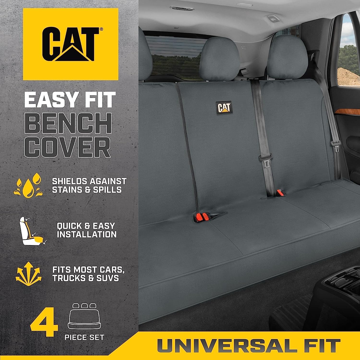 Caterpillar Universal Rear Bench Seat Cover Grey Bundle - Water-Resistant, Heavy-Duty Car, Truck, SUV Protector - Durable, Easy Install, Perfect for Pets, Work, Travel - Fits Most Vehicles - Yupbizauto