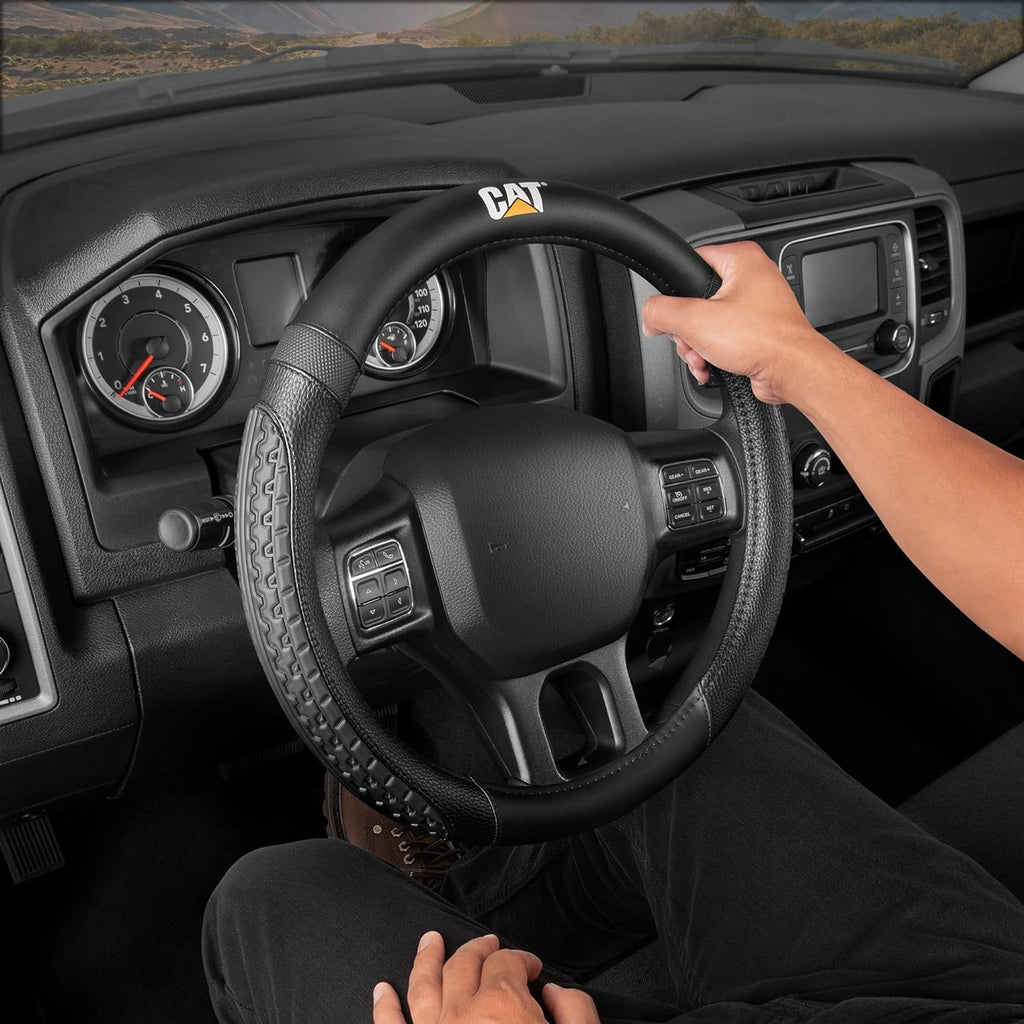 Caterpillar Car Steering Wheel Cover, Large 16 inch Size, Tire Tread Inspired Traction Grip Design, Black Steering Wheel Cover for Car Auto Truck Van SUV Bundle 7861