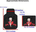 Betty Boop floor mat dimensions showing 25.5 by 16.5 inch front mats and 13.75 by 16.75 inch rear mats