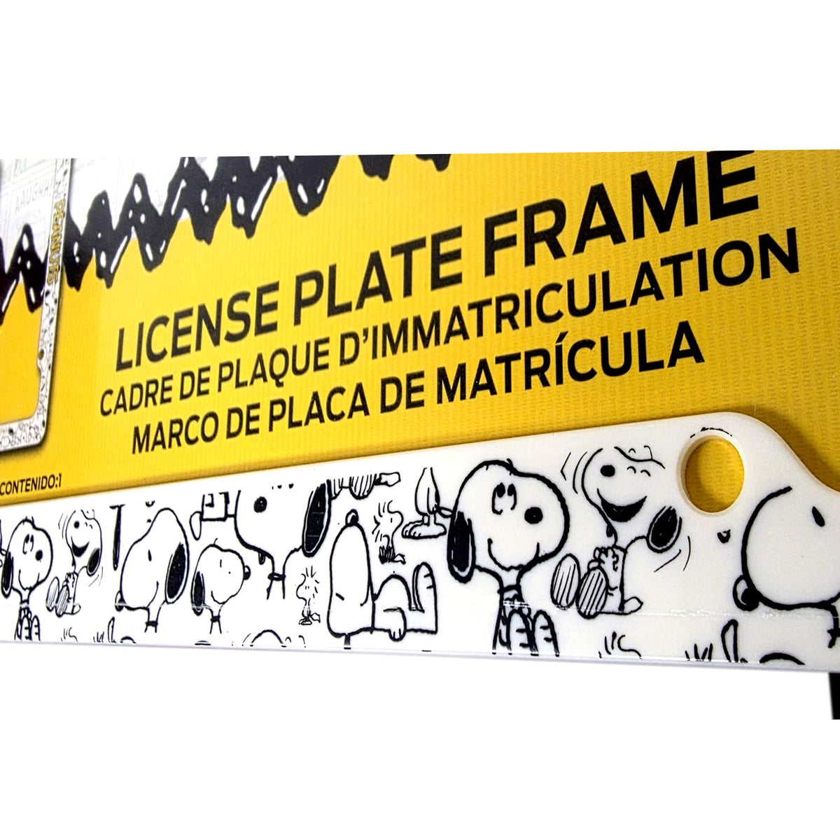 Snoopy Expression License Plate Frame 2 Pack Bundle with Little Tree Air Freshener – Plasticolor Peanuts Snoopy Design, Universal Fit Standard Car Plate Frames, Plastic - Yupbizauto