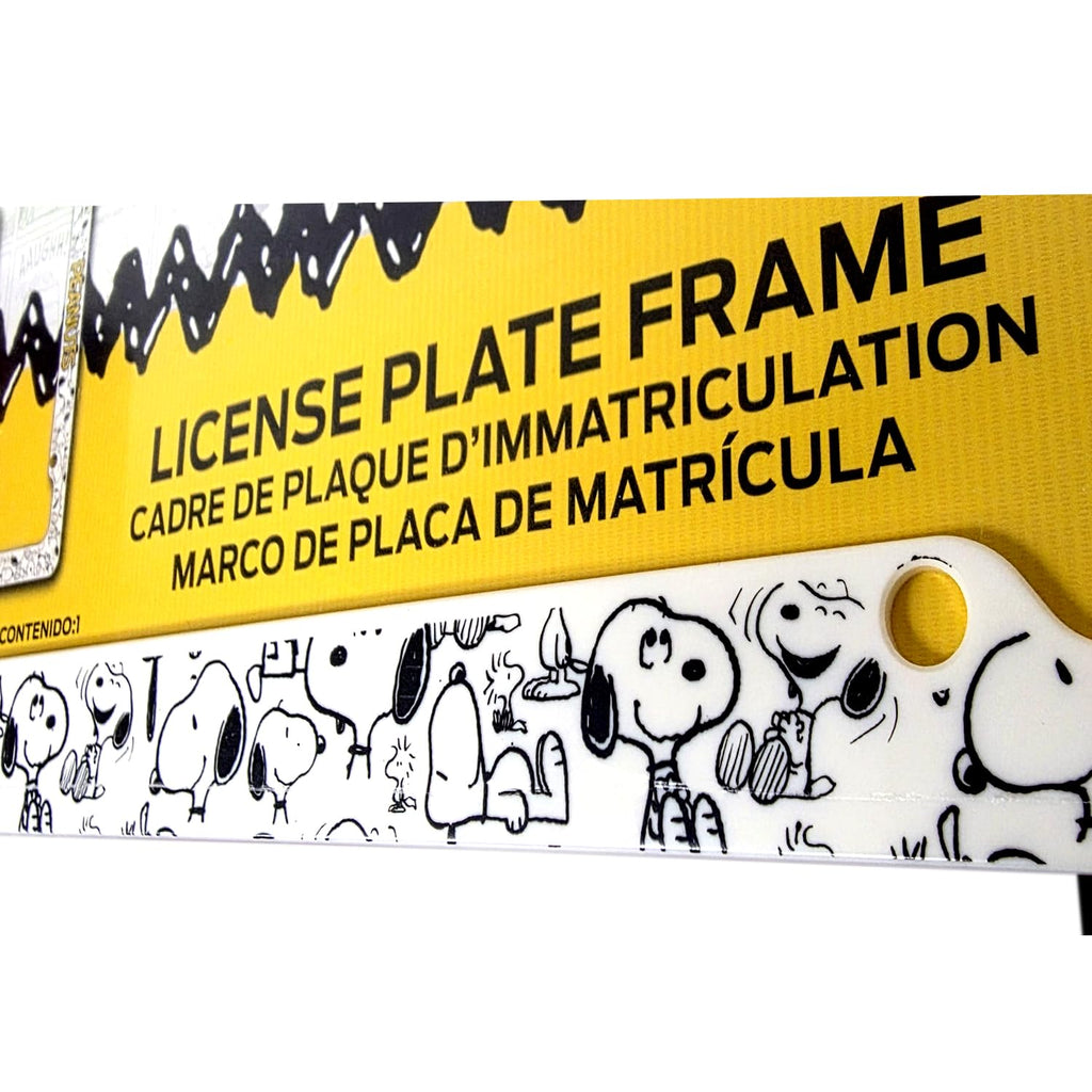 Snoopy Expression License Plate Frame Bundle with Little Tree Air Freshener – Plasticolor Peanuts Snoopy Design, Universal Fit Standard Car Plate Frame, Plastic - Yupbizauto