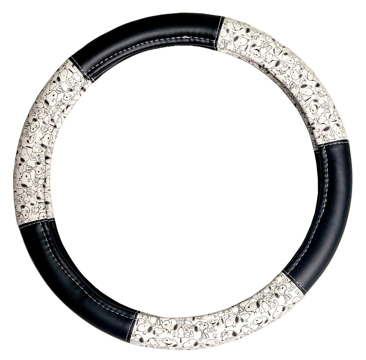 Yupbizauto Peanuts Snoopy Expression Design Steering Wheel Cover, Black and White, Leather Material, 14.5-15 Inch Diameter, Universal Fit with Contrast Stitching, Bundled with Air Freshener - Yupbizauto
