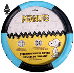 Peanuts Snoopy Dog House Steering Wheel Cover, Black and Blue, Leather, 14.5-15 Inch Diameter, Contrast Stitching, Car Accessory Air Freshener Bundle Set - Yupbizauto