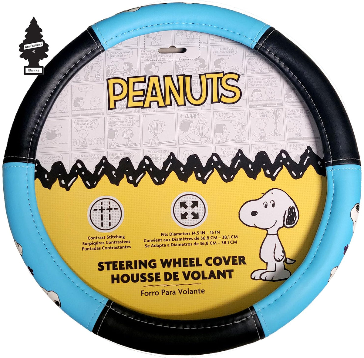 Peanuts Snoopy Dog House Steering Wheel Cover, Black and Blue, Leather, 14.5-15 Inch Diameter, Contrast Stitching, Car Accessory Air Freshener Bundle Set - Yupbizauto