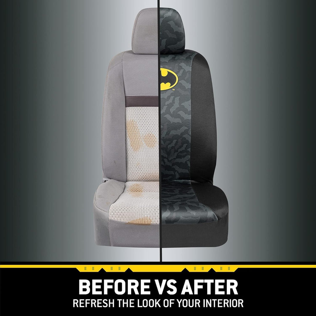 DC Comics Batman Logo Premium Car Accessories Seat Covers with Shoulder Pads and Steering Wheel Cover| Bat Headrest Covers | Air Freshener, Bundle Set