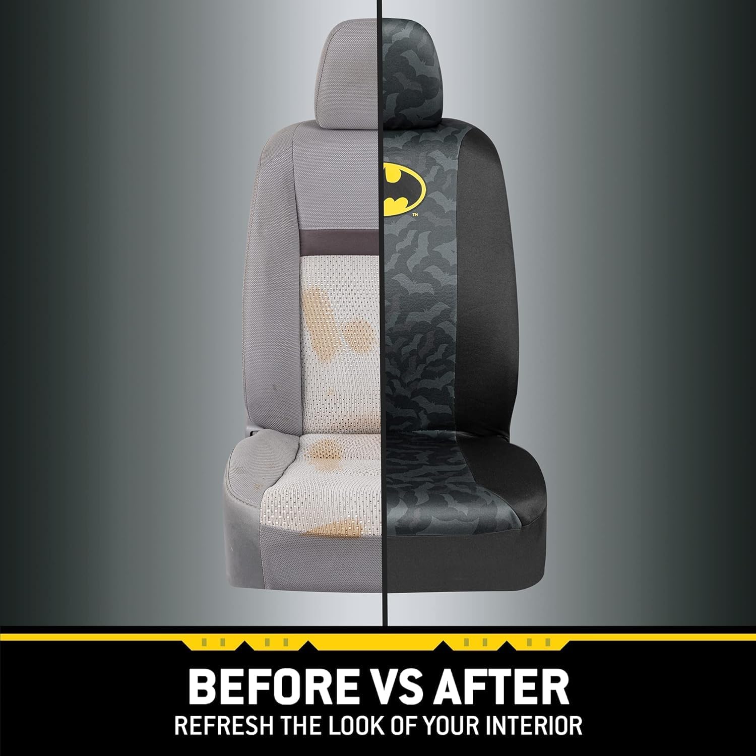 DC Comics Batman Logo Premium Car Accessories Seat Covers with Shoulder Pads and Steering Wheel Cover| Bat Headrest Covers | Air Freshener, Bundle Set - Yupbizauto