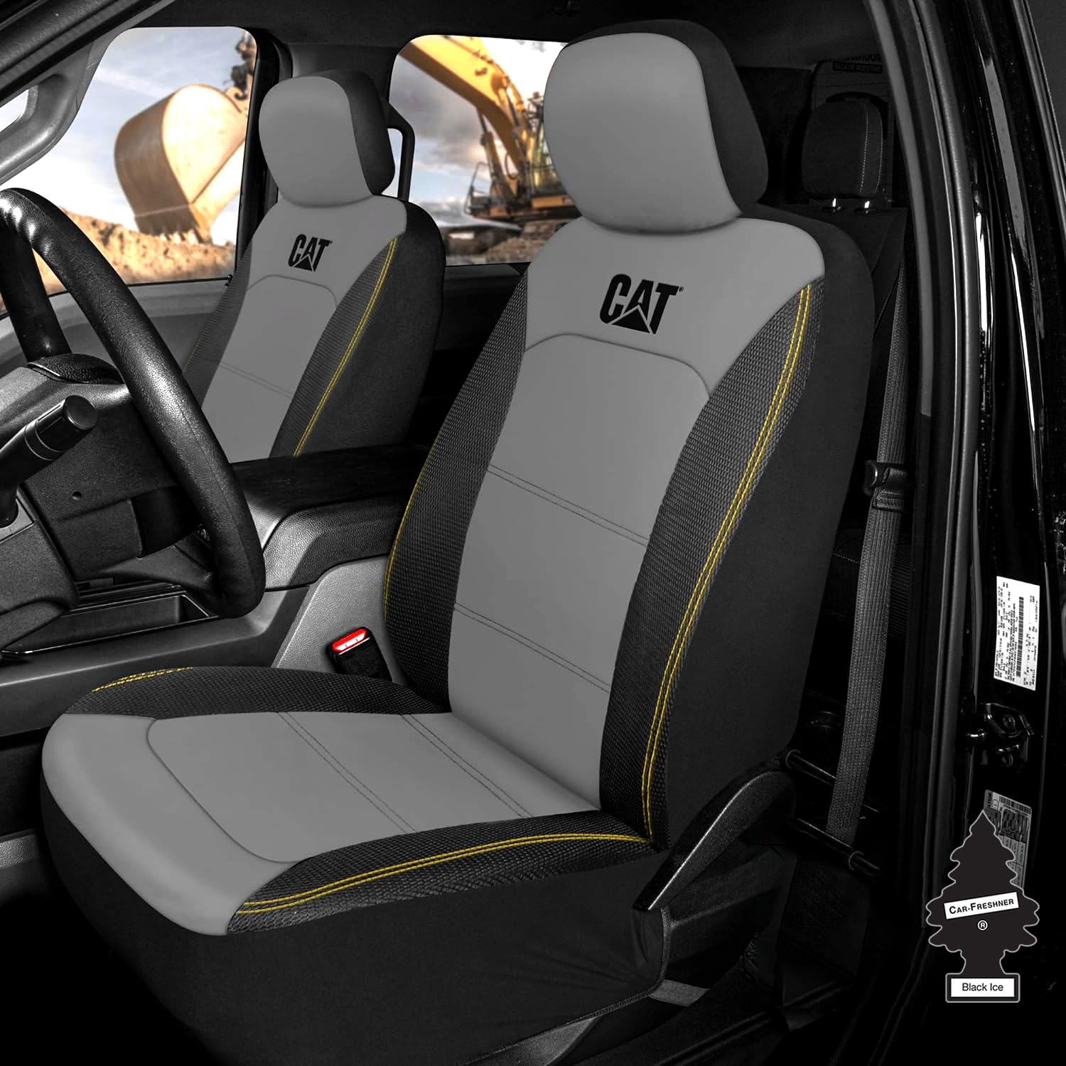 Caterpillar Black & Grey Faux Leather Front Seat Covers for Cars & Trucks - Durable Automotive Seat Cover Set with Bonus Air Freshener - Stylish Protection for Your Vehicle's Interior - Yupbizauto