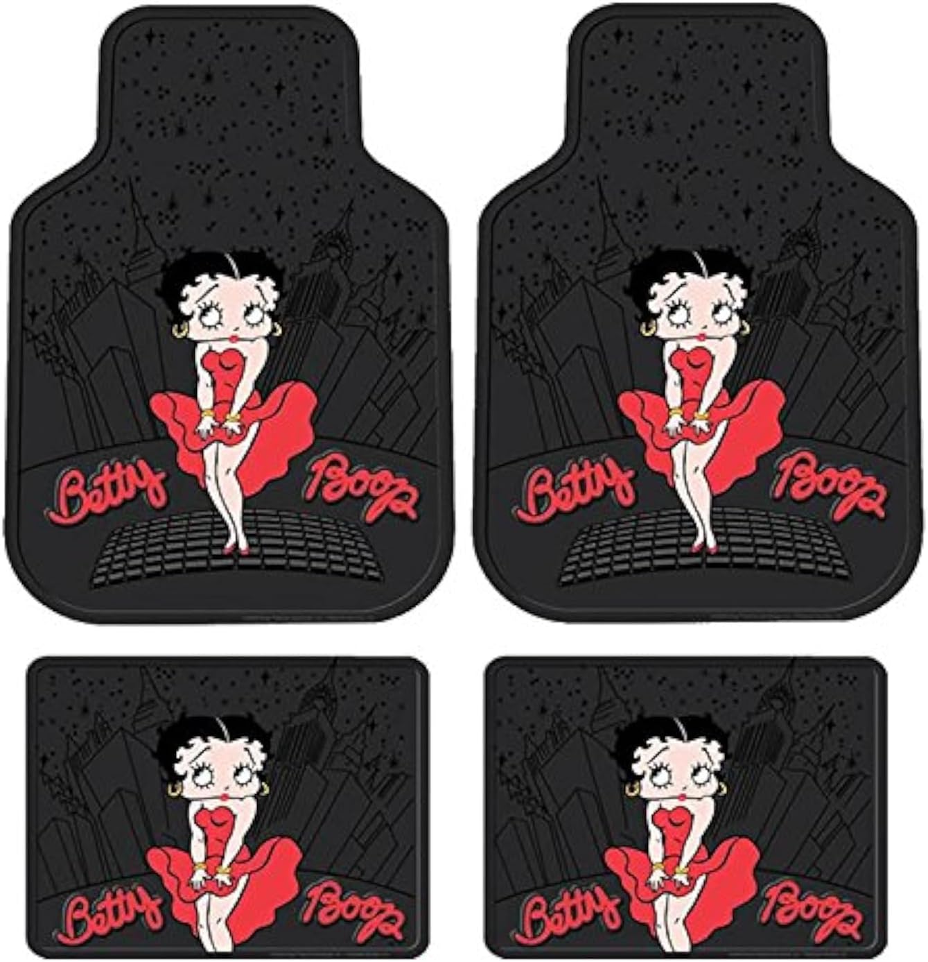 4PC Front & Rear Rubber Floor Mats Set - Betty Boop - NY New York City Sky Line - Yupbizauto
