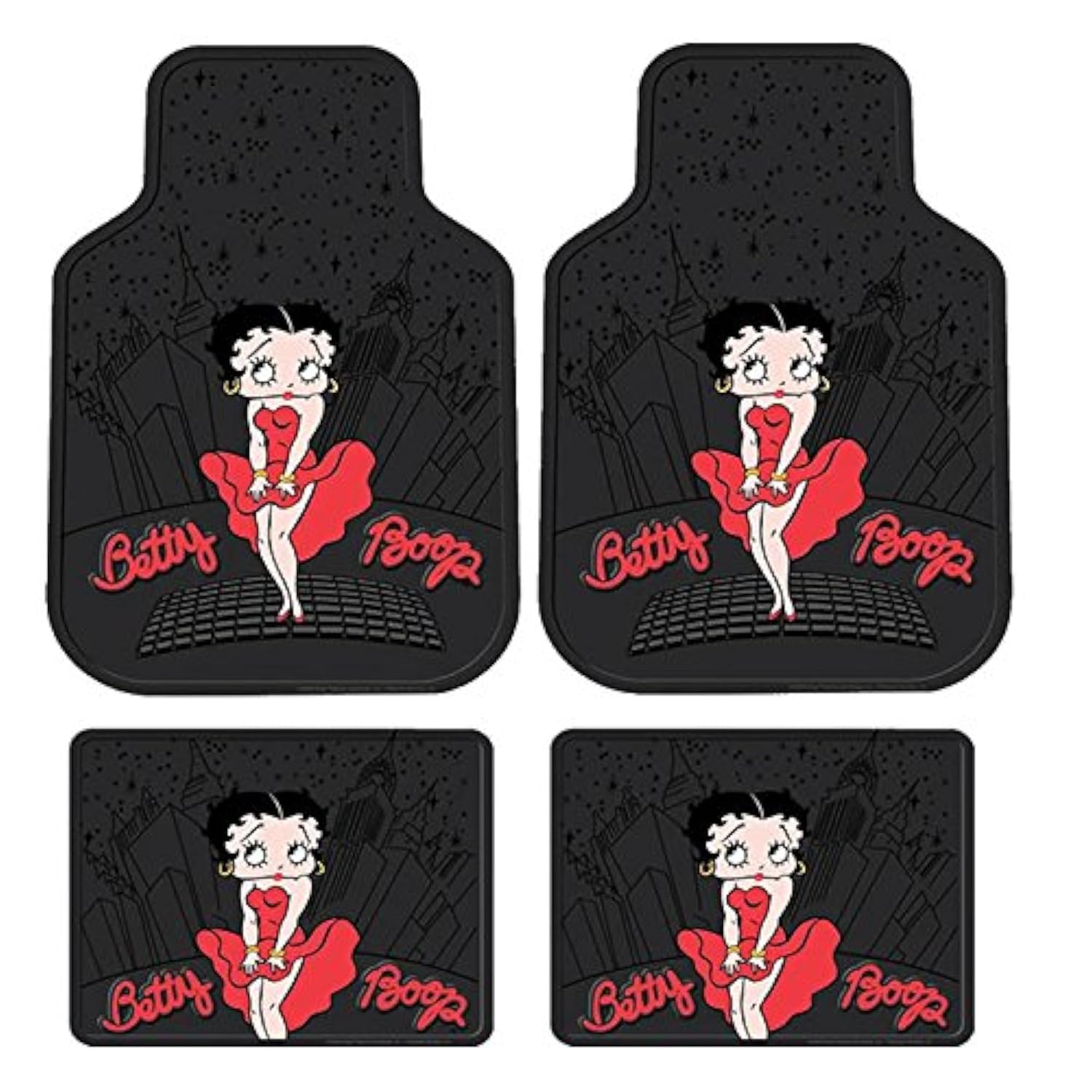 4PC Front & Rear Rubber Floor Mats Set - Betty Boop - NY New York City Sky Line - Yupbizauto
