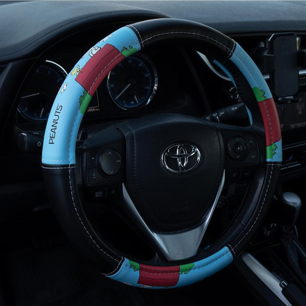 Peanuts Snoopy Dog House Steering Wheel Cover, Black and Blue, Leather, 14.5-15 Inch Diameter, Contrast Stitching, Car Accessory Air Freshener Bundle Set - Yupbizauto