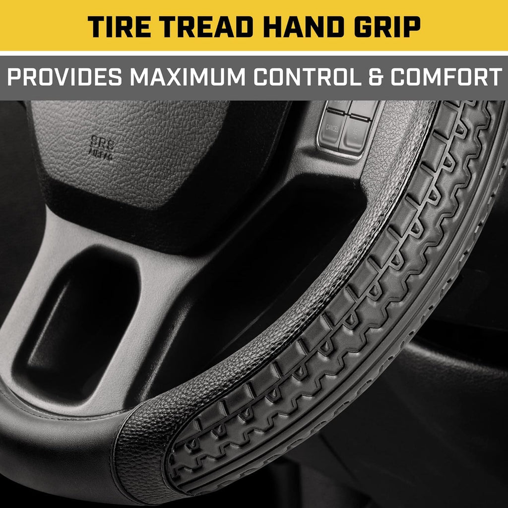 Caterpillar Car Steering Wheel Cover, Large 16 inch Size, Tire Tread Inspired Traction Grip Design, Black Steering Wheel Cover for Car Auto Truck Van SUV Bundle 7861