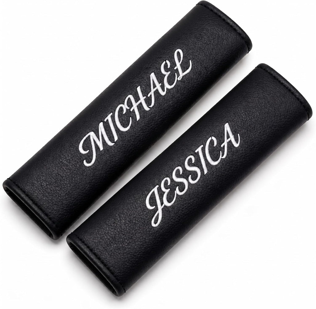 Personalized couples seat belt pads with two custom embroidered names