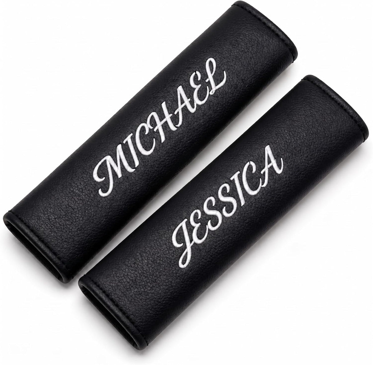 Personalized couples seat belt pads with two custom embroidered names