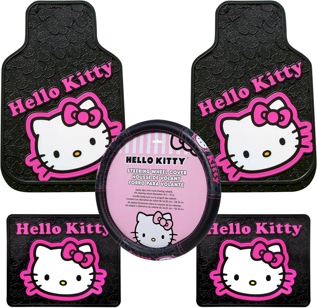Hello Kitty Collage Hot Pink Sanrio Front & Rear Car Truck SUV Seat Rubber Floor Mats and Steering Wheel Cover Set - 5PC