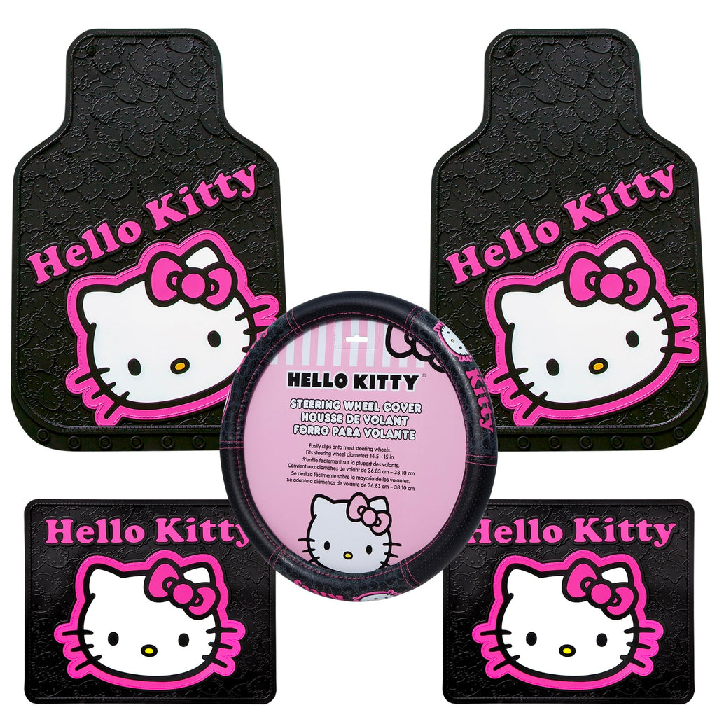 Hello Kitty Collage Hot Pink Sanrio Front & Rear Car Truck SUV Seat Rubber Floor Mats and Steering Wheel Cover Set - 5PC