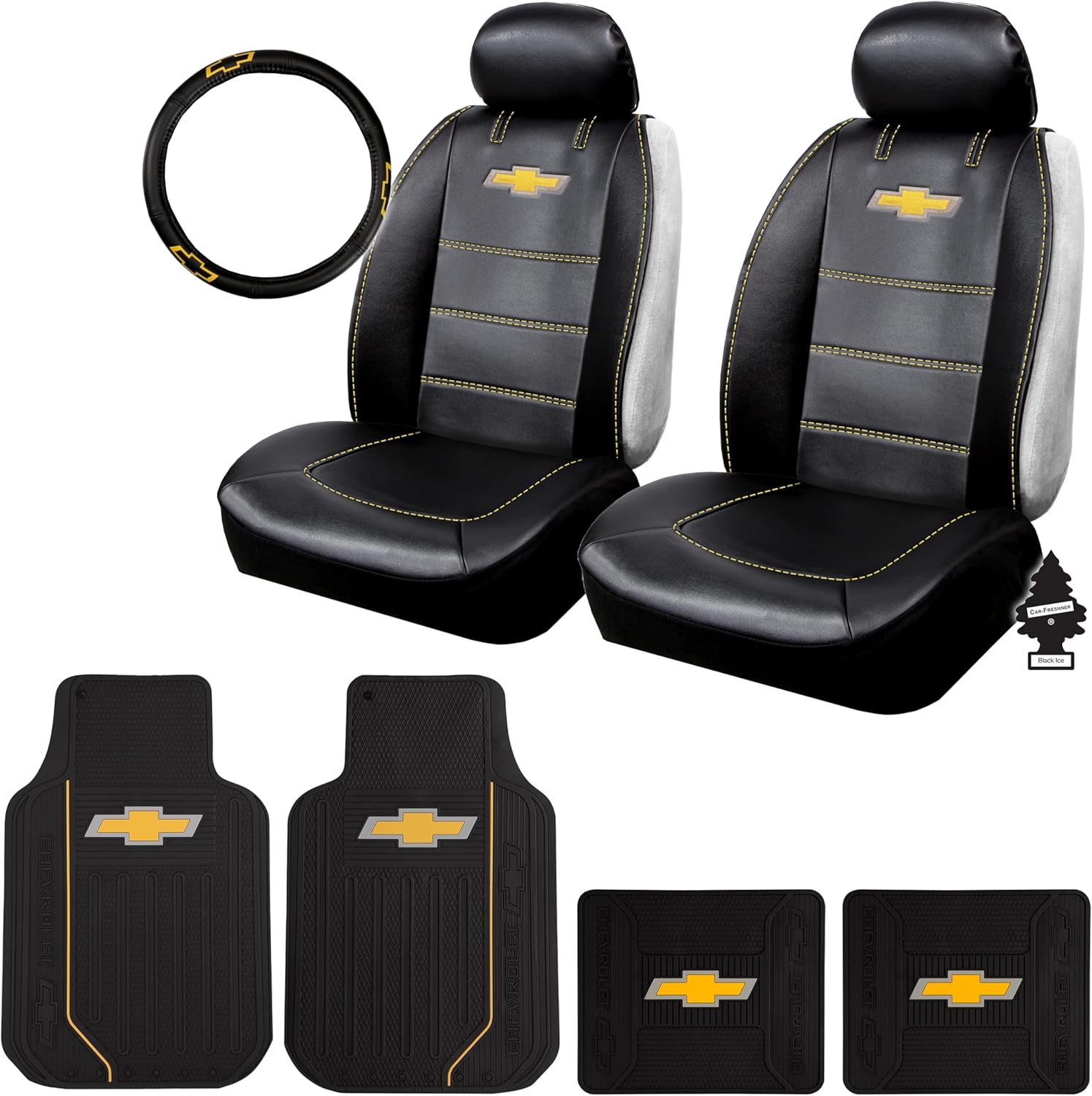 Premium Sideless Seat Cover Bundle Set with Floor Mats & Steering Wheel Cover – for Chevrolet Cars, Trucks, and SUVs - Yupbizauto