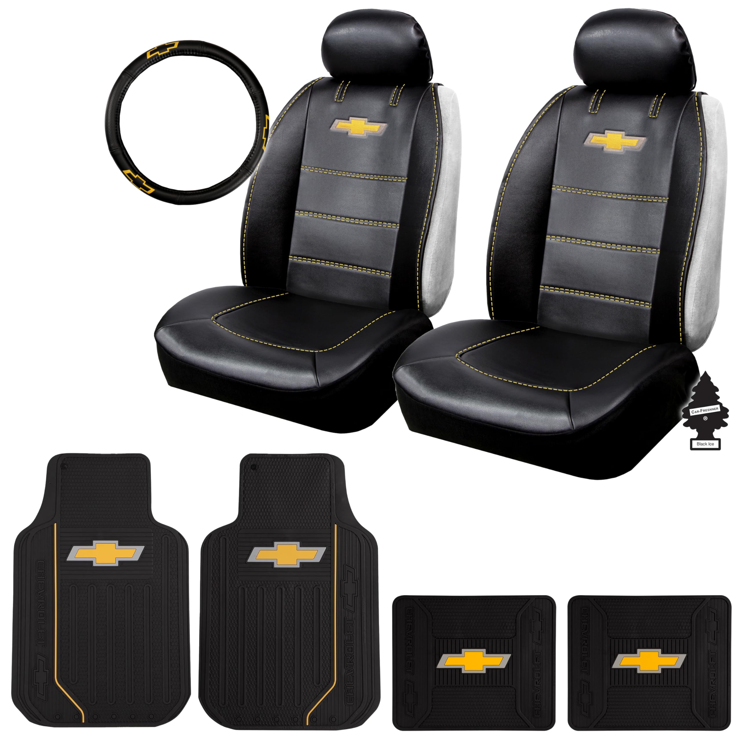 Premium Sideless Seat Cover Bundle Set with Floor Mats & Steering Wheel Cover – for Chevrolet Cars, Trucks, and SUVs - Yupbizauto