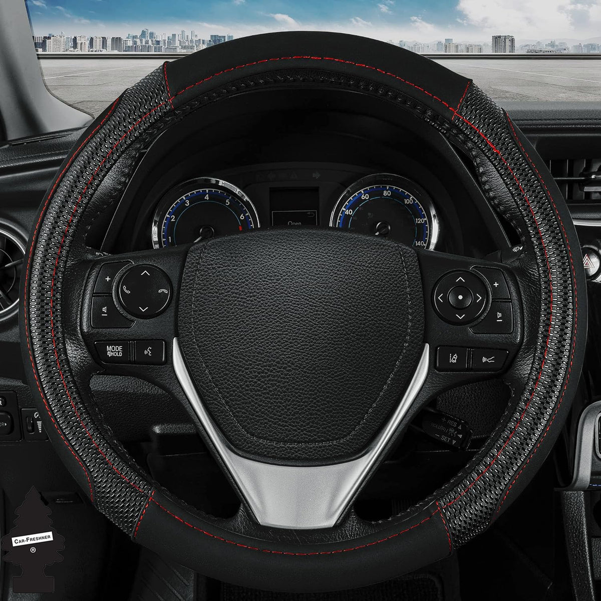 Yupbizauto Faux Leather Steering Wheel Cover with Air Freshener Set