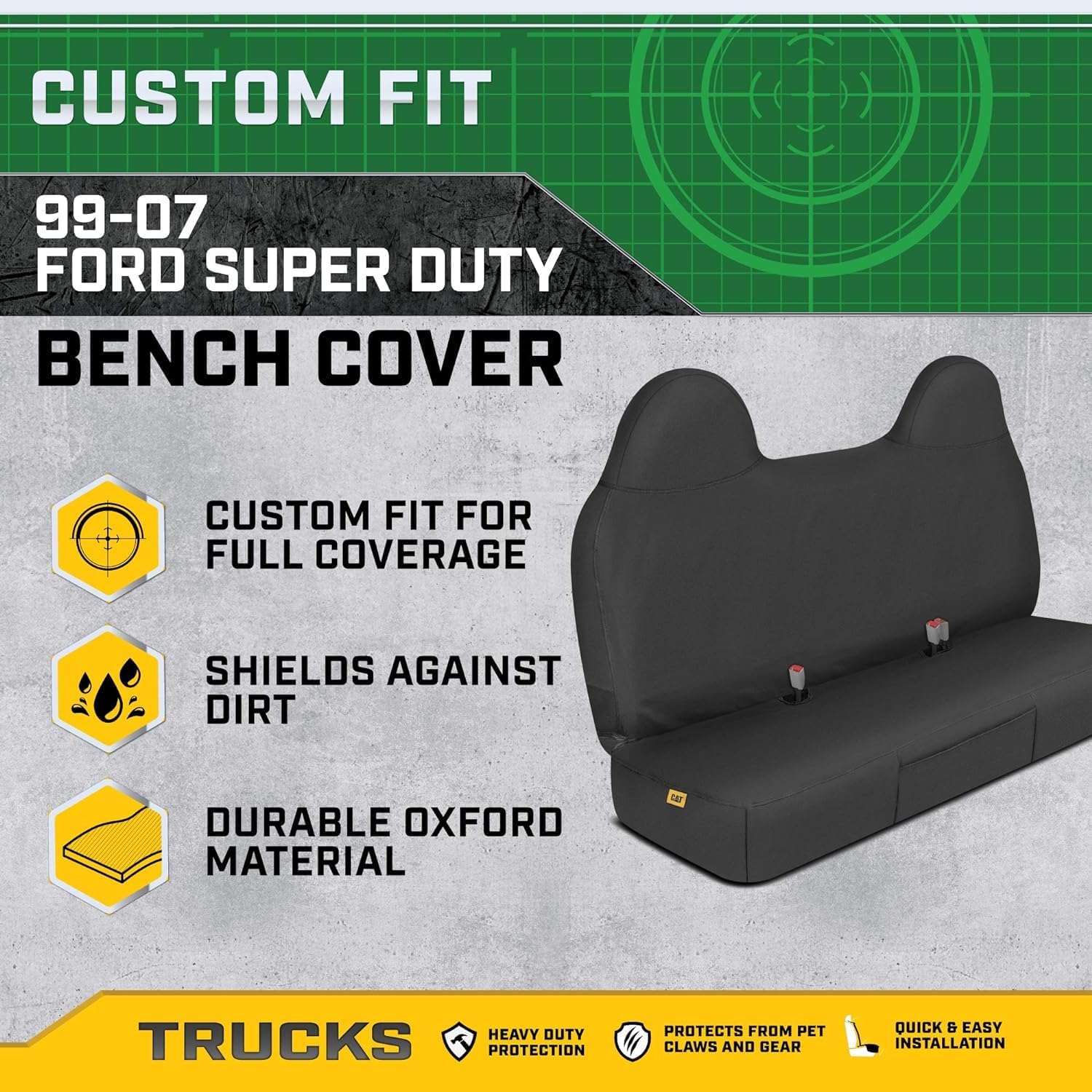 Caterpillar Custom Fit Front Black Bench Seat Cover with Utility Pockets for Ford F250 / F350 / F450 / F550 (1999-2007) - Durable Grey Oxford Super Duty Interior Truck Seat Cover Bundle - Yupbizauto
