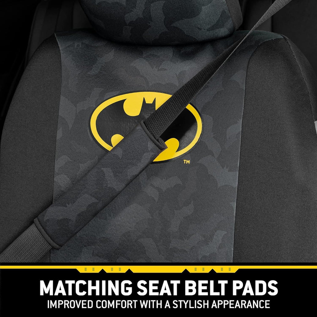 DC Comics Batman Logo Premium Car Accessories Seat Covers with Shoulder Pads and Steering Wheel Cover| Bat Headrest Covers | Air Freshener, Bundle Set