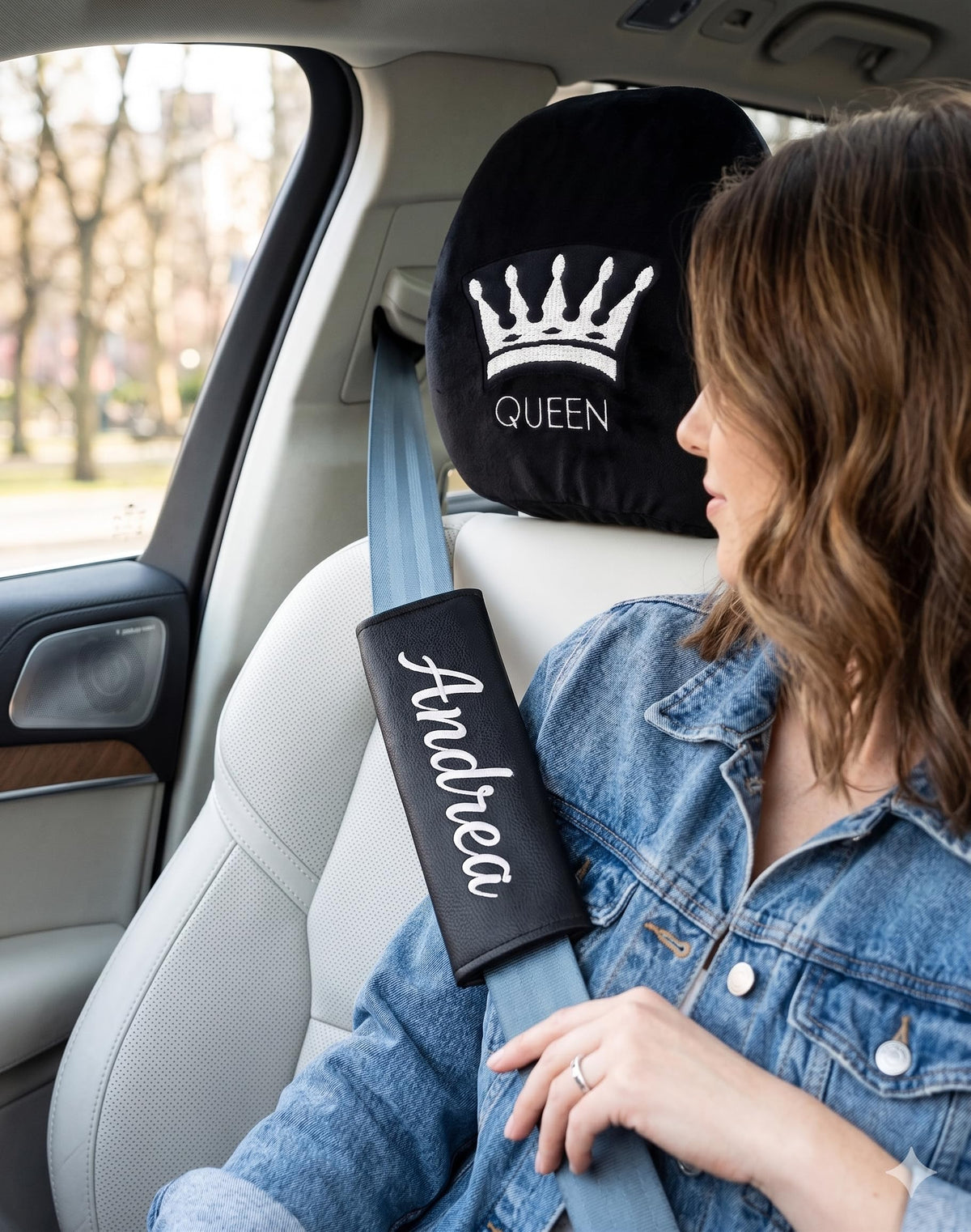 Queen Crown Headrest Cover & Personalized Seat Belt Pad Set