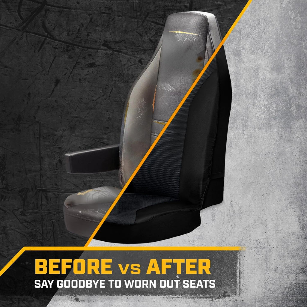 Caterpillar truck seat cover before and after comparison