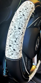 Yupbizauto Peanuts Snoopy Expression Design Steering Wheel Cover, Black and White, Leather Material, 14.5-15 Inch Diameter, Universal Fit with Contrast Stitching, Bundled with Air Freshener - Yupbizauto