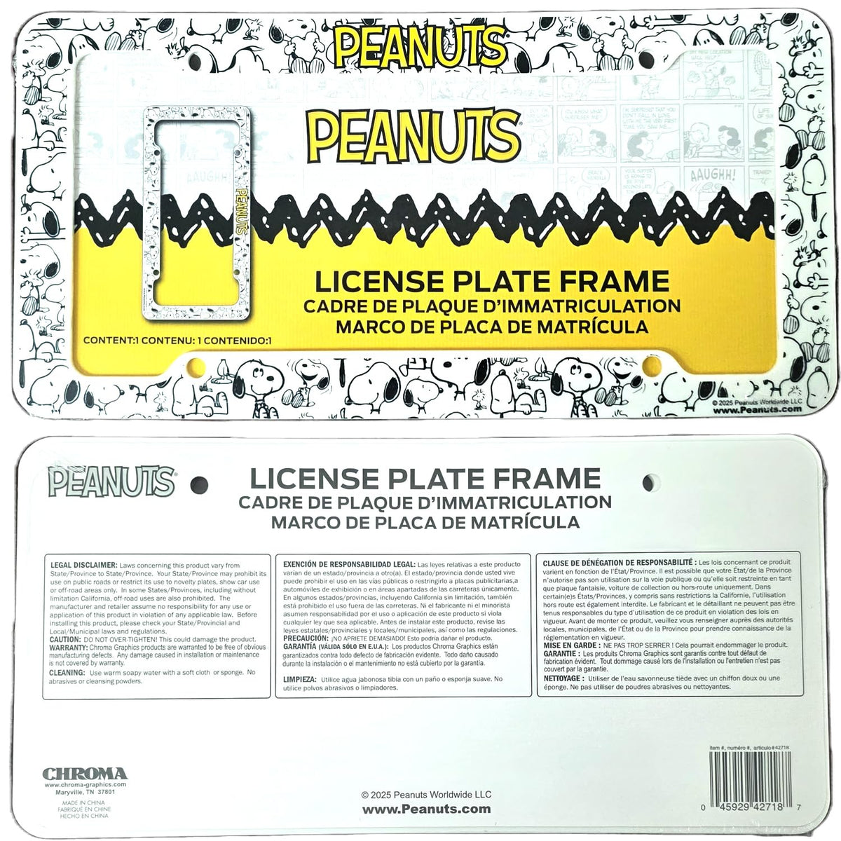 Snoopy Expression License Plate Frame 2 Pack Bundle with Little Tree Air Freshener – Plasticolor Peanuts Snoopy Design, Universal Fit Standard Car Plate Frames, Plastic - Yupbizauto