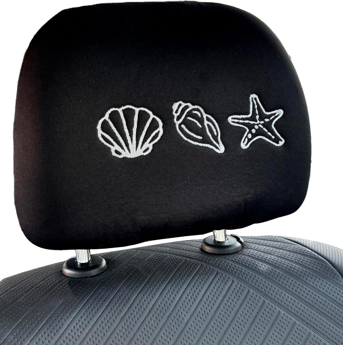 Sea Shell embroidered car headrest covers set of two - White