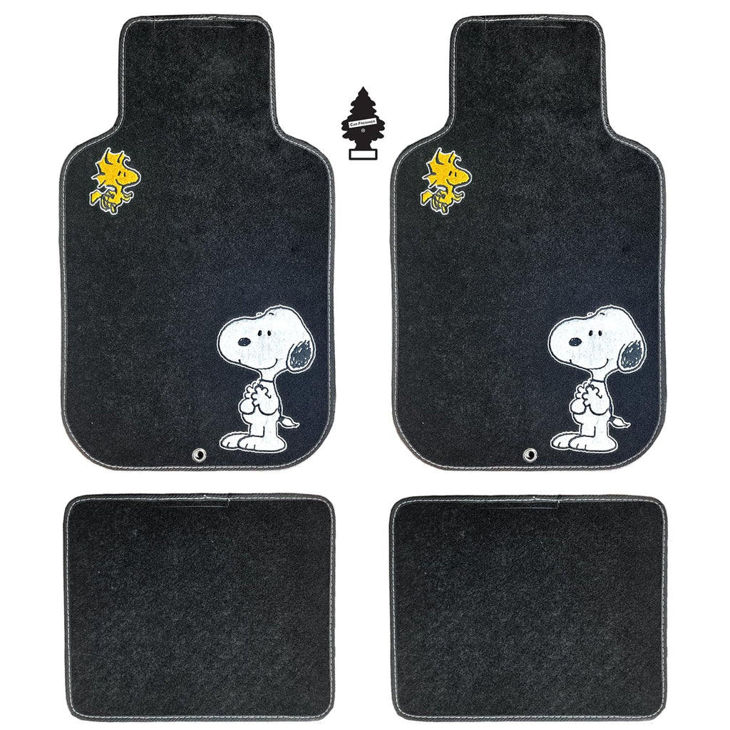 Peanuts Snoopy and Woodstock Car Floor Mats Set of 5 - Embroidered Carpet Front & Rear Universal Fit Non-Slip Mats with Air Freshener for Cars, SUVs, Trucks - Yupbizauto