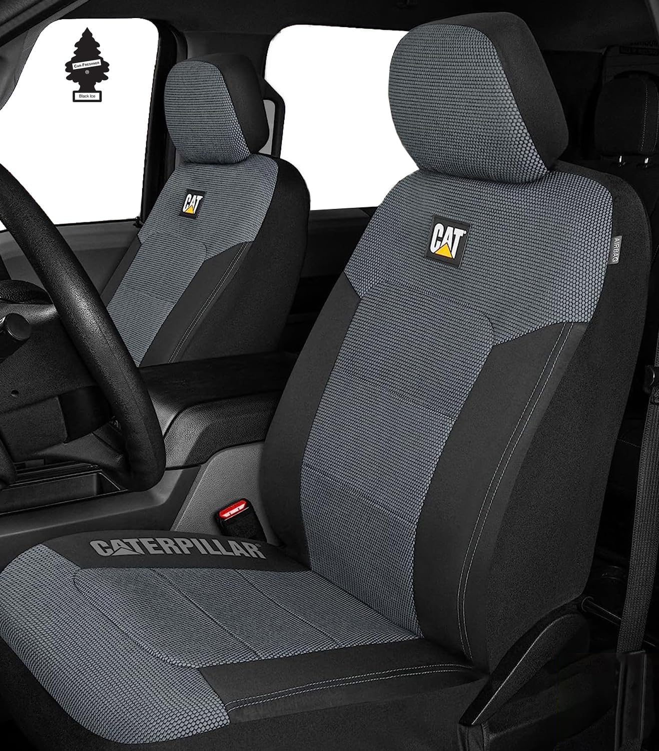 Caterpillar Car Truck Seat Covers for Front Seats Set - Black and Grey Automotive Seat Covers Bundle with Air Freshener - Yupbizauto