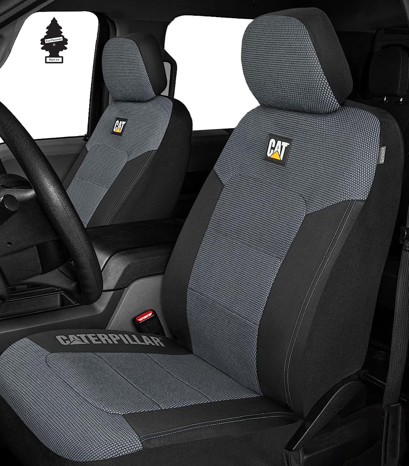 Caterpillar Car Truck Seat Covers for Front Seats Set - Black and Grey Automotive Seat Covers Bundle with Air Freshener - Yupbizauto