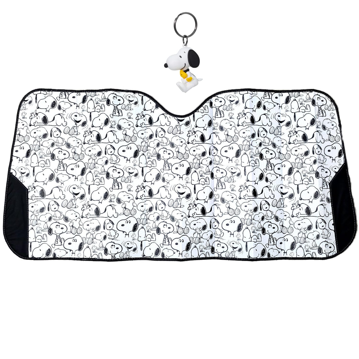 Snoopy Expression Windshield Sunshade Bundle with 3D Keychain – Plasticolor Peanuts Snoopy Design, Foldable Universal Fit Front Window Sun Shade for Cars SUVs - Yupbizauto