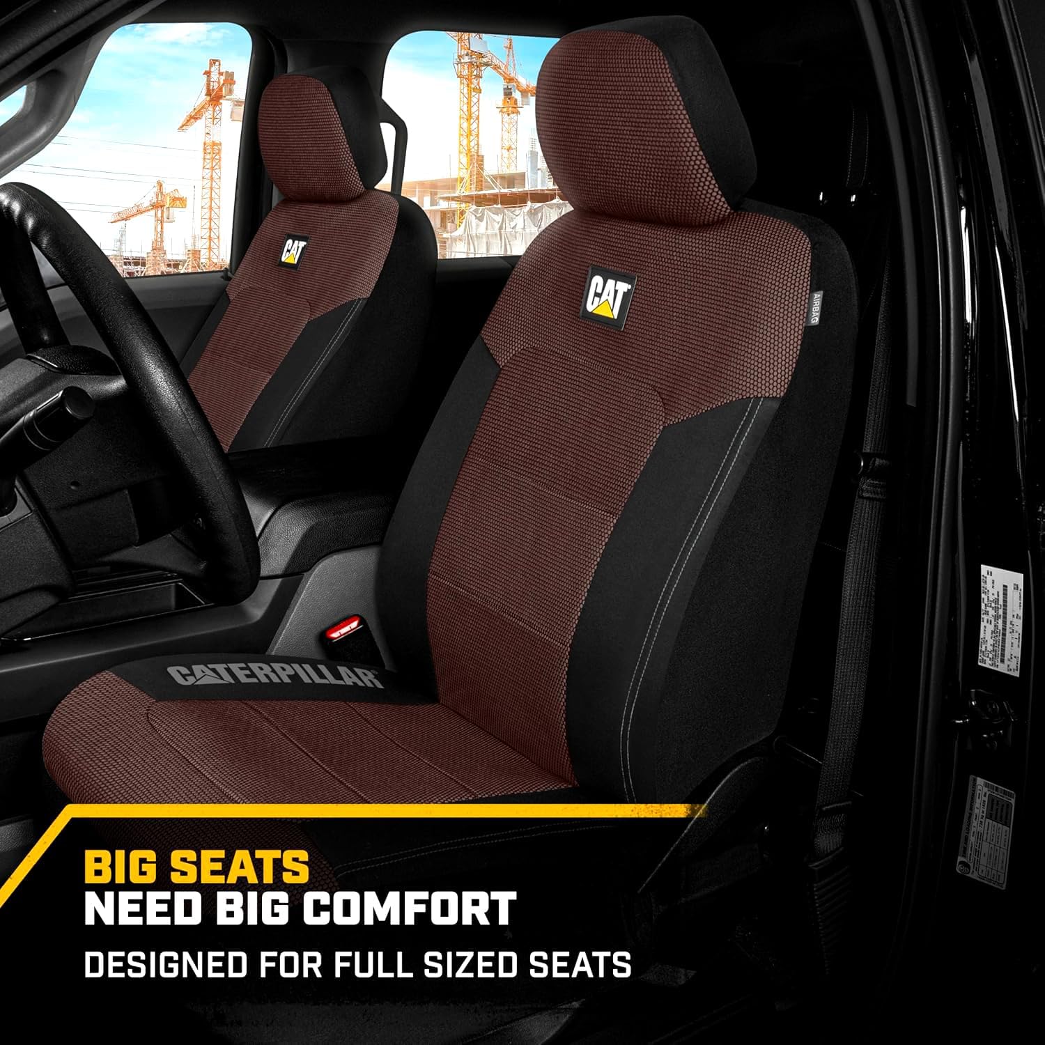Caterpillar Car Truck Seat Covers for Front Seats Set - Black and Dark Brown Automotive Seat Covers Bundle with Air Freshener - Yupbizauto