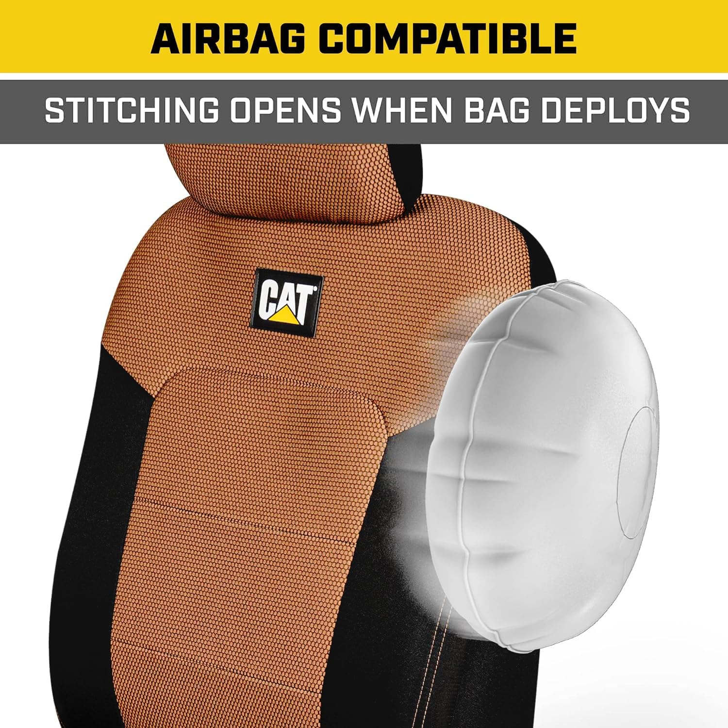 Caterpillar Car Truck Seat Covers for Front Seats Set - Black and Beige Automotive Seat Covers Bundle with Air Freshener - Yupbizauto