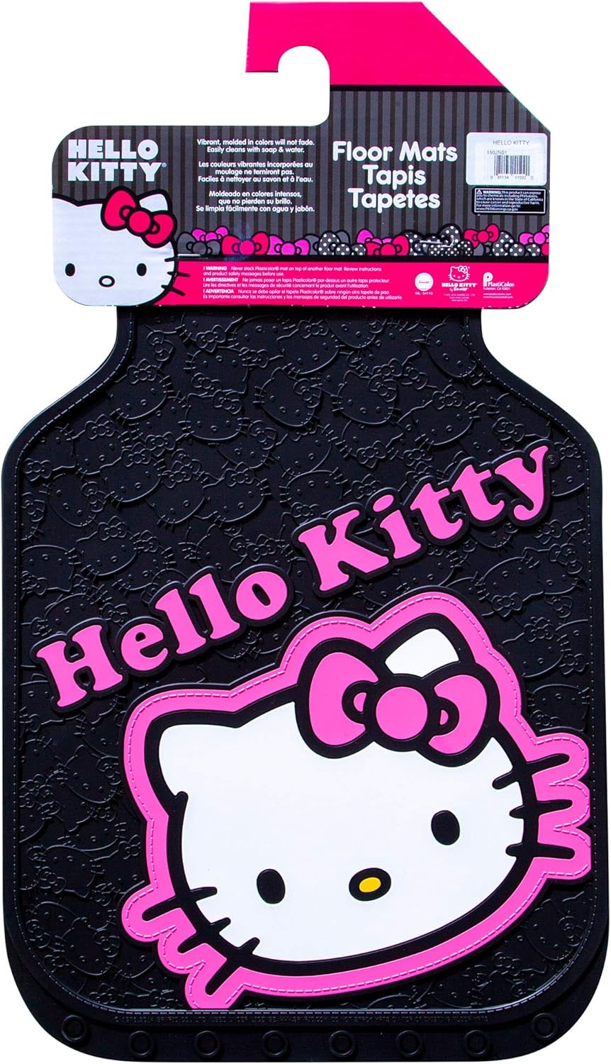 Hello Kitty Collage Hot Pink Sanrio Front & Rear Car Truck SUV Seat Rubber Floor Mats and Steering Wheel Cover Set - 5PC