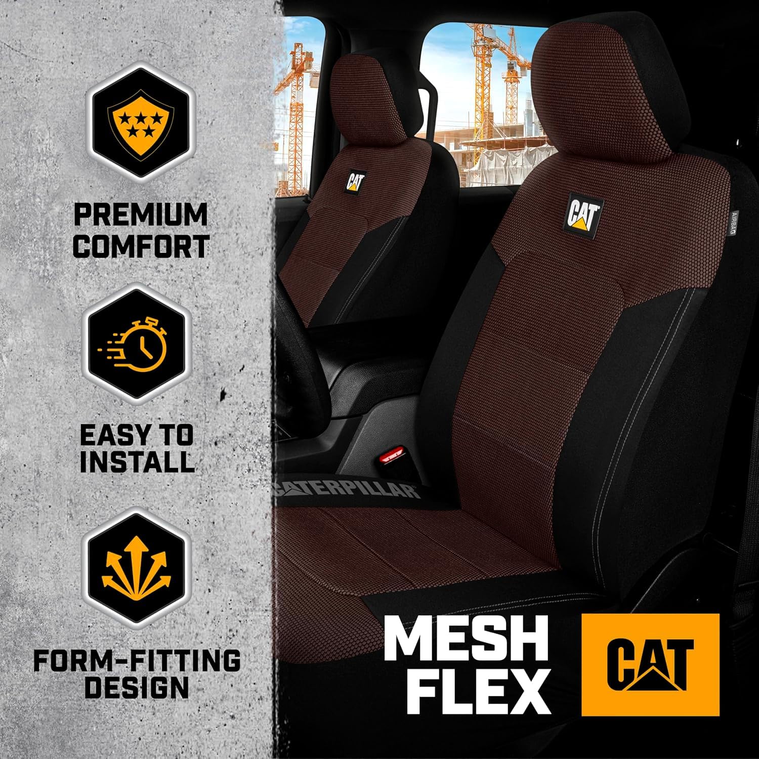 Caterpillar Car Truck Seat Covers for Front Seats Set - Black and Dark Brown Automotive Seat Covers Bundle with Air Freshener - Yupbizauto