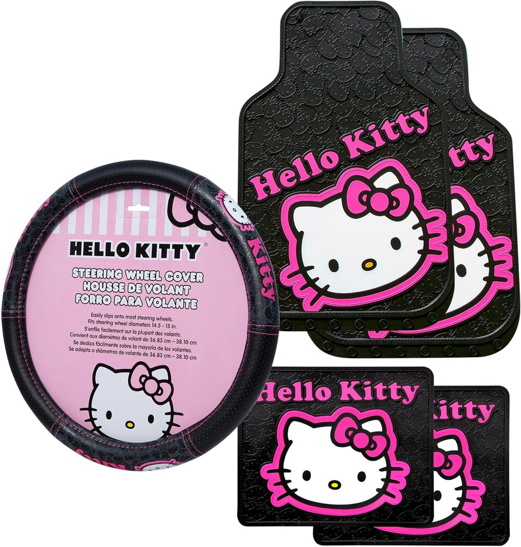Hello Kitty Collage Hot Pink Sanrio Front & Rear Car Truck SUV Seat Rubber Floor Mats and Steering Wheel Cover Set - 5PC