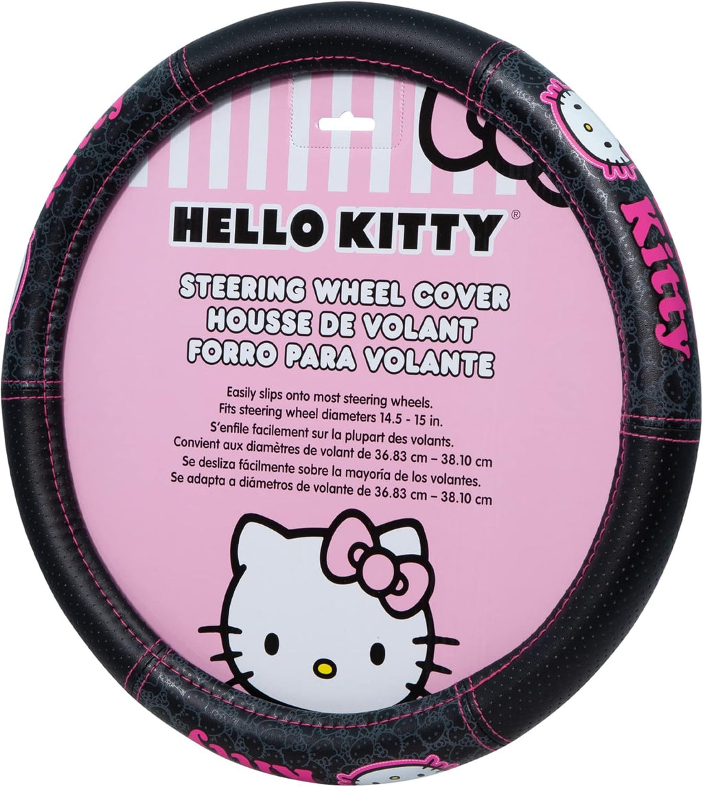 Hello Kitty Collage Hot Pink Sanrio Front & Rear Car Truck SUV Seat Rubber Floor Mats and Steering Wheel Cover Set - 5PC