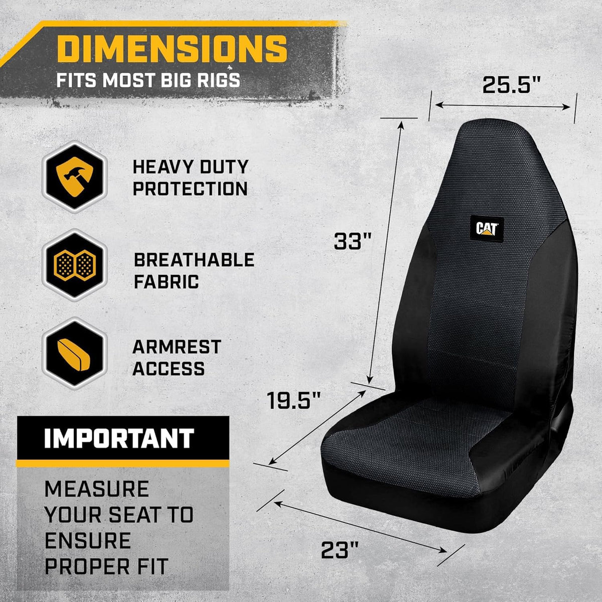 Caterpillar black mesh truck seat cover dimensions and features