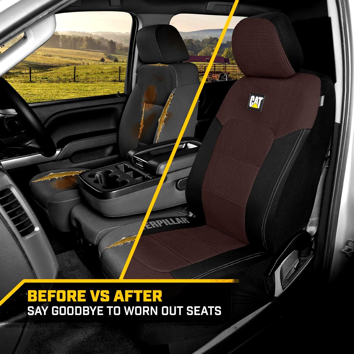Caterpillar Car Truck Seat Covers for Front Seats Set - Black and Dark Brown Automotive Seat Covers Bundle with Air Freshener - Yupbizauto