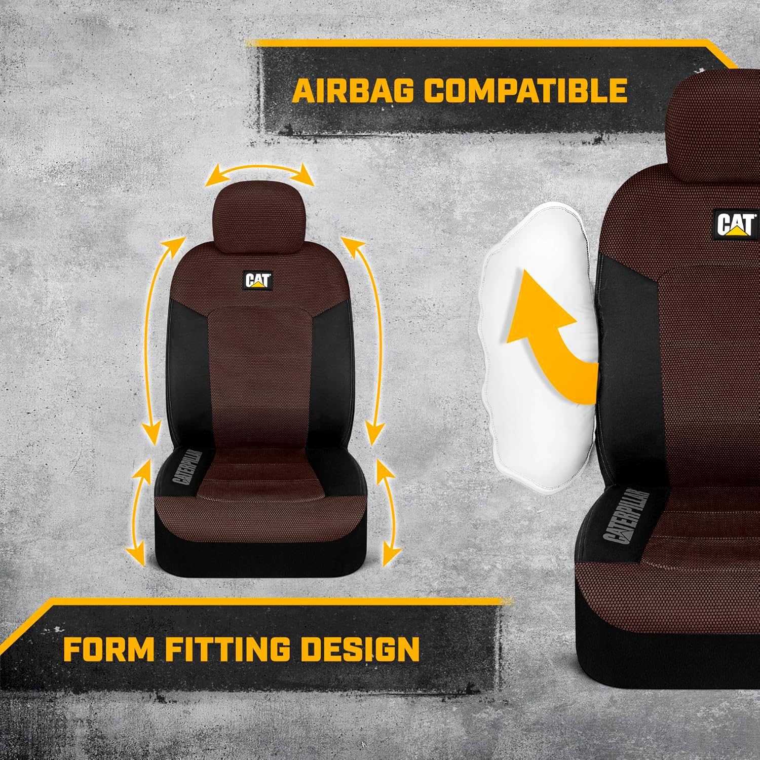 Caterpillar Car Truck Seat Covers for Front Seats Set - Black and Dark Brown Automotive Seat Covers Bundle with Air Freshener - Yupbizauto