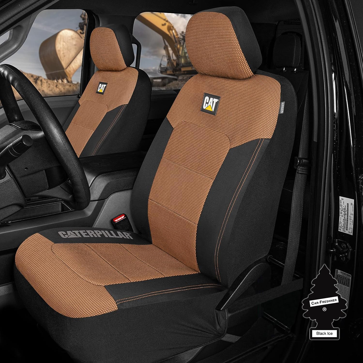 Caterpillar Car Truck Seat Covers for Front Seats Set - Black and Beige Automotive Seat Covers Bundle with Air Freshener - Yupbizauto