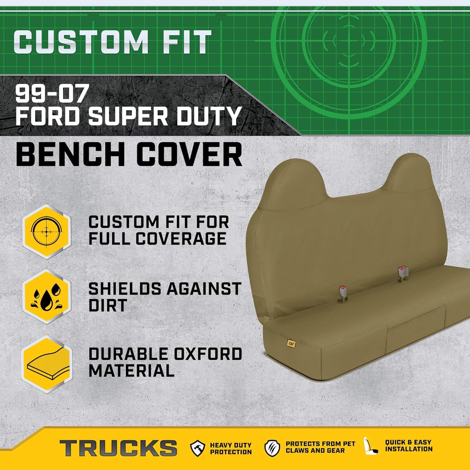 Caterpillar Custom Fit Front Beige Bench Seat Cover with Utility Pockets for Ford F250 / F350 / F450 / F550 (1999-2007) - Durable Beige Oxford Super Duty Interior Truck Seat Cover Bundle - Yupbizauto