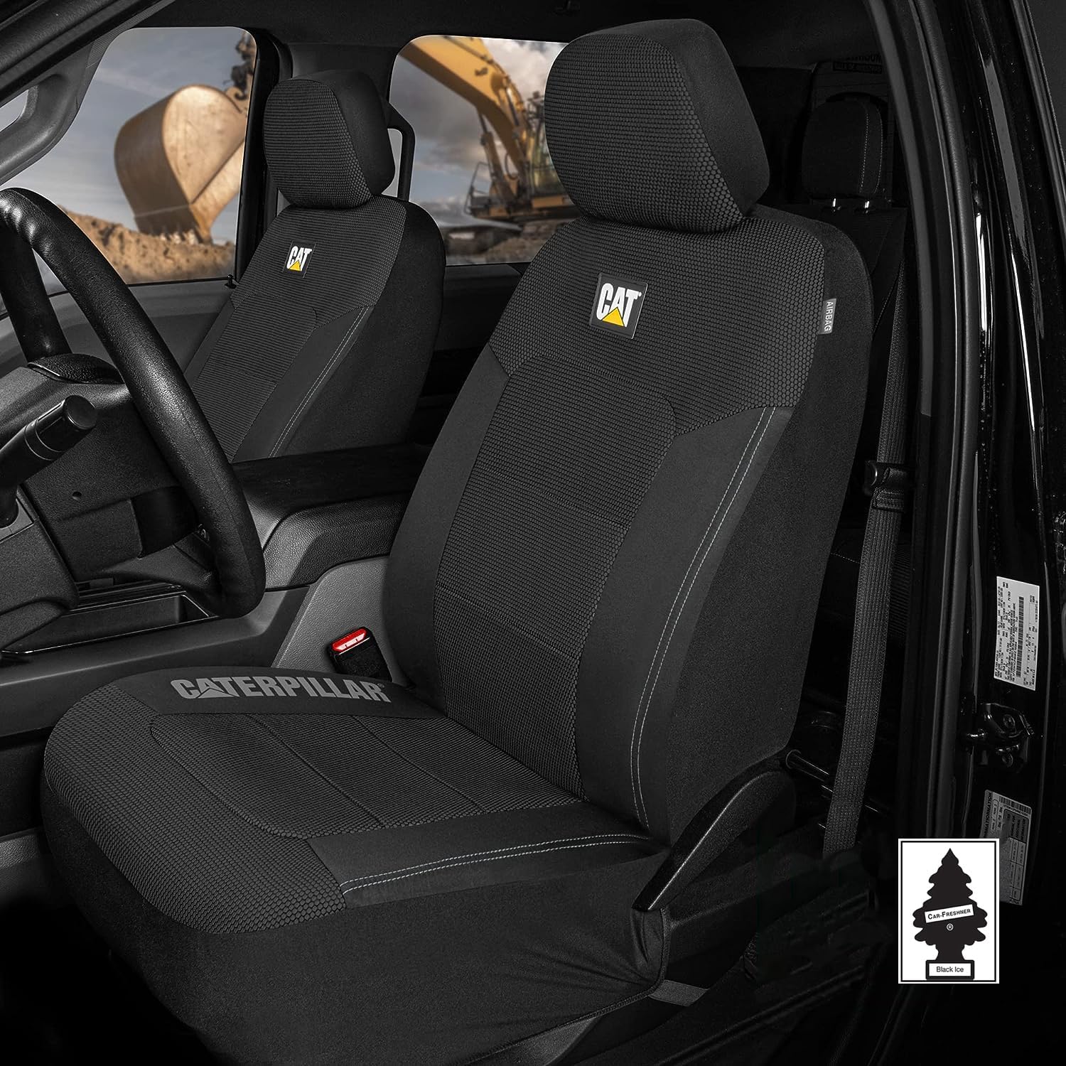 Caterpillar Car Truck Seat Covers for Front Seats Set - Black Automotive Seat Covers Bundle with Air Freshener - Yupbizauto
